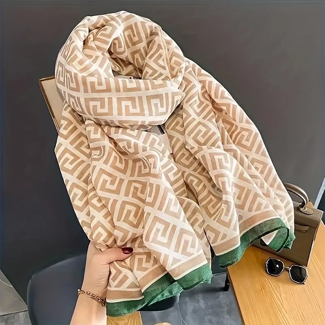 stylesilove Women Geometric Maze Print Scarf with Border Design Soft Shawl Scarves Neck Wraps for All Season, 3 Colors
