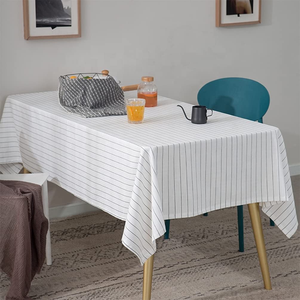 Fennco Styles Casual Pinstripe Cotton Tablecloth 55" W x 55" L - White Striped Rectangle Table Cover for Everyday Use, Home, Dining Room Décor, Banquets, Family Gathering and Special Occasions
