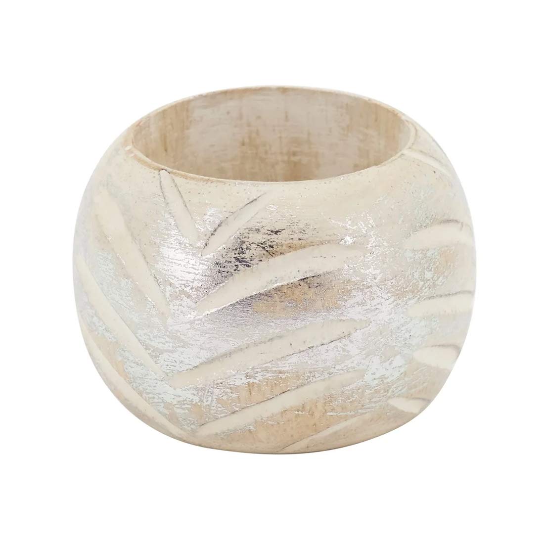 Fennco Styles Distressed Foil Print Design Wood Napkin Rings, Set of 4 - Silver Decorative Napkin Holders for Home, Dining Room, Banquet, Family Gathering, Holiday and Special Occasion