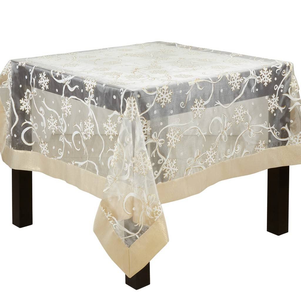 Fennco Styles Printed Snowflake & Ribbon Semi-Sheer Tablecloth - Gold Festive Table Topper for Home Décor, Banquets, Christmas, Holiday and Special Events