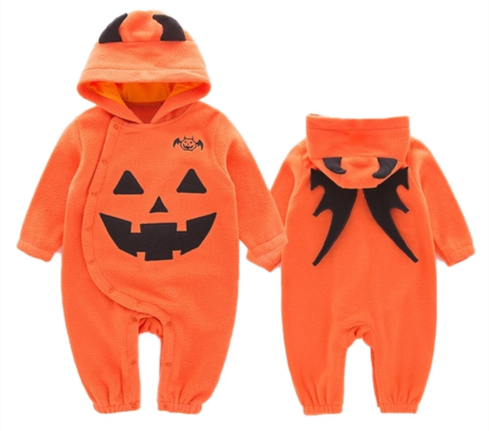 stylesilove Halloween Unisex Toddler Baby Boys Girls Orange Fleece Pumpkin Hooded Long Sleeve Romper