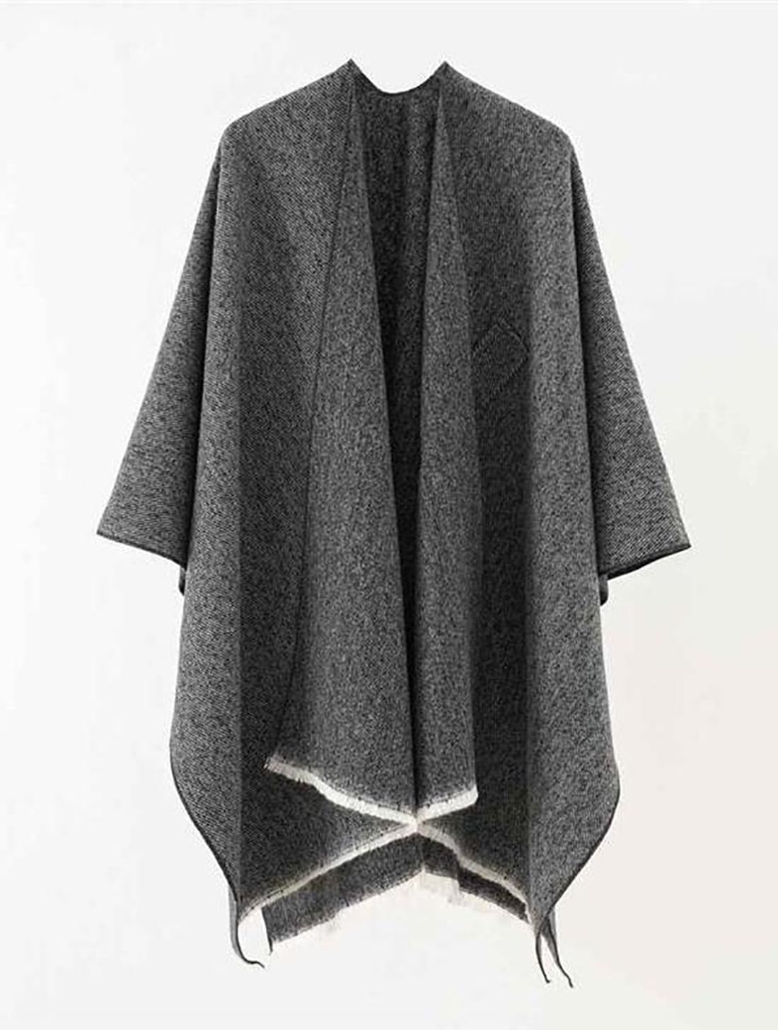 stylesilove Women Elegant Solid Color Fringe Poncho Open Front Shawl Cape Ultra Warm Wrap for Autumn Winter Season