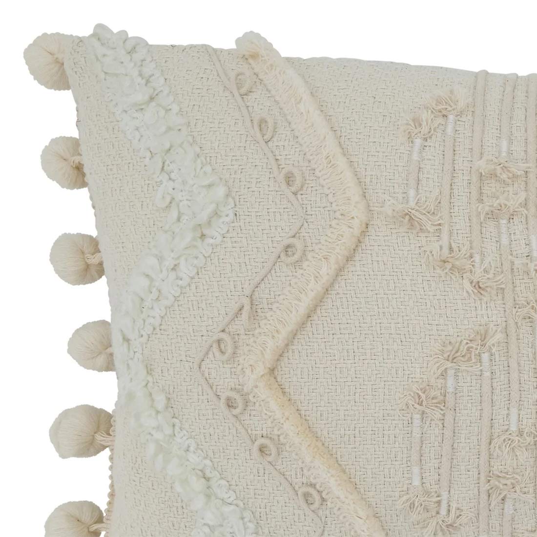 Fennco Styles Delicate Cord Pom Pom Applique Cotton Decorative Throw Pillow Cover & Insert 12 x 18 Inch - Ivory Accent Cushion for Home, Couch, Living Room and Everyday Décor