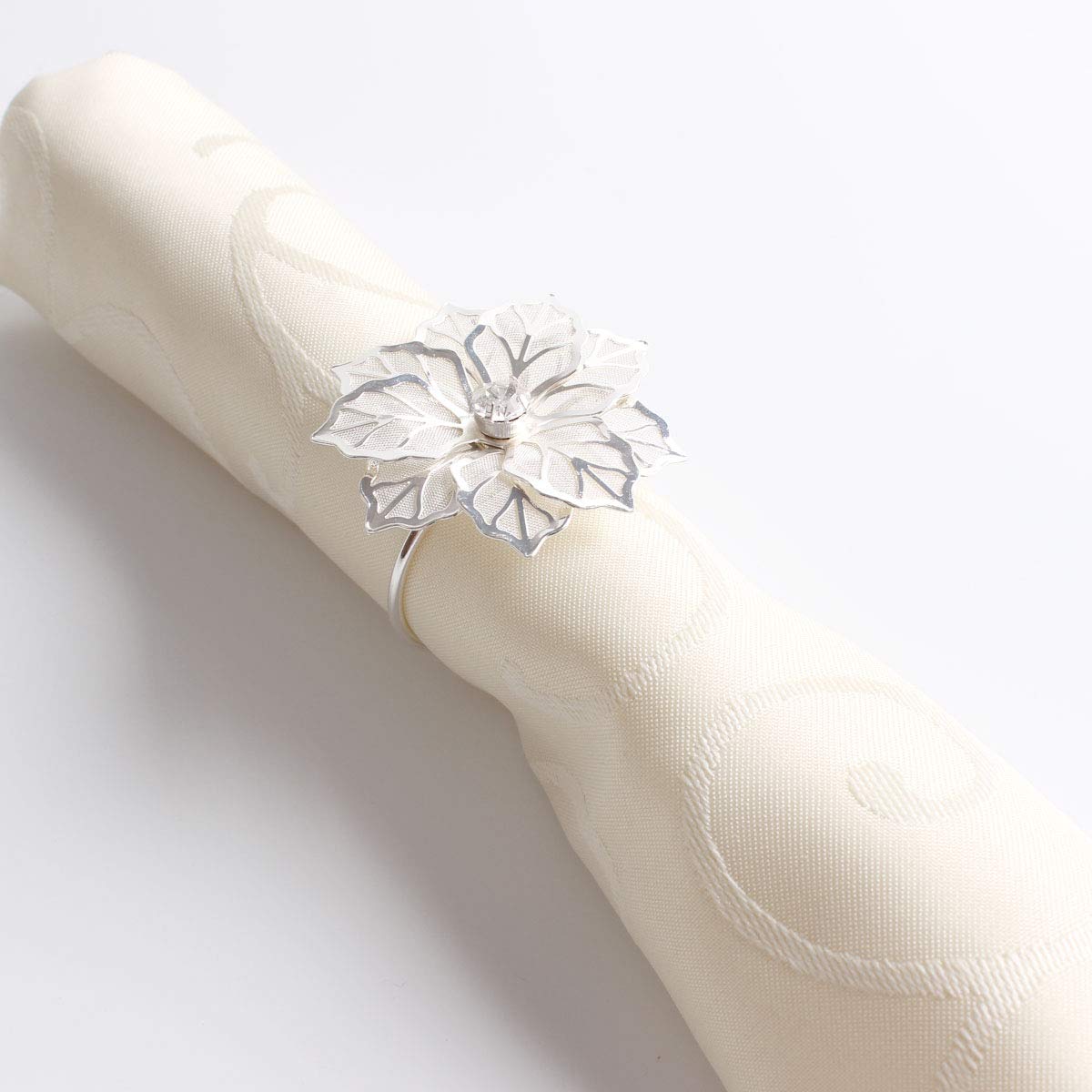 Fennco Styles Rhinestone Crystal Flower Napkin Rings Wedding Holiday Table Decoration - Set of 4
