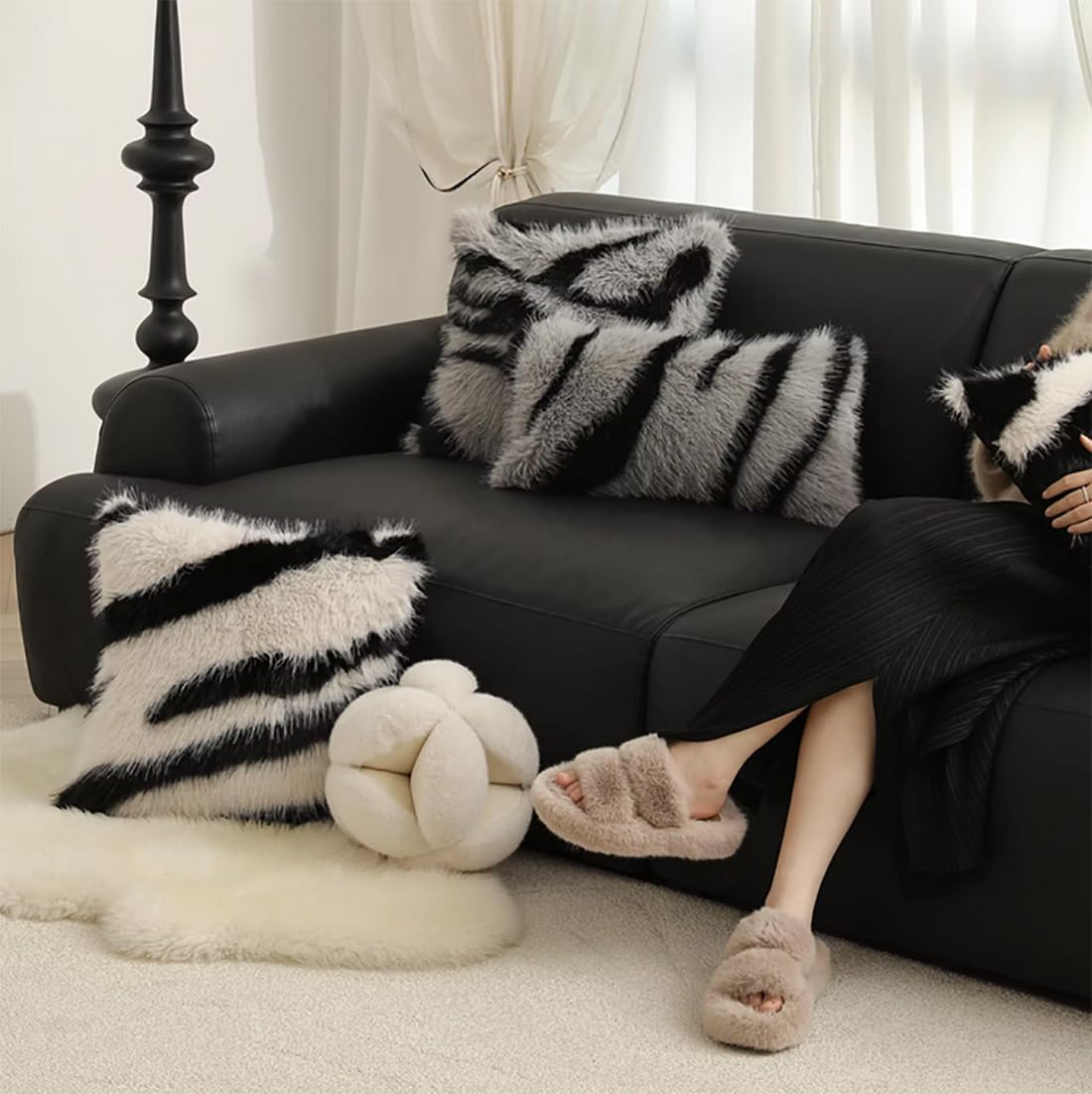 Fennco Styles Zebra Stripe Faux Fur Animal Design Decorative Filled Throw Pillow 18" W x 18" L – Grey Plush Cushion for Couch, Bedroom, Living Room and Office Décor