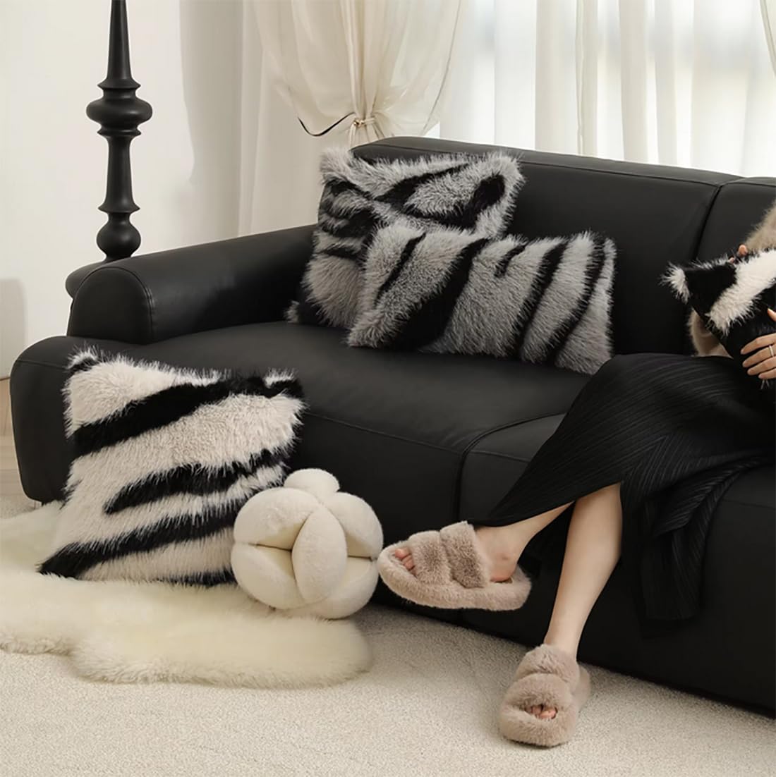 Fennco Styles Zebra Faux Fur Animal Design Decorative Throw Pillow Cover 18" W x 18" L – Black Stripe Plush Cushion Case for Couch, Bedroom, Living Room and Office Décor