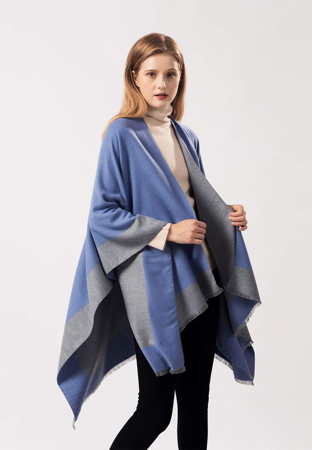 stylesilove Women Knitted Blue Open Front Poncho Cape Cardigan Cozy Wrap Jacket for Fall and Winter