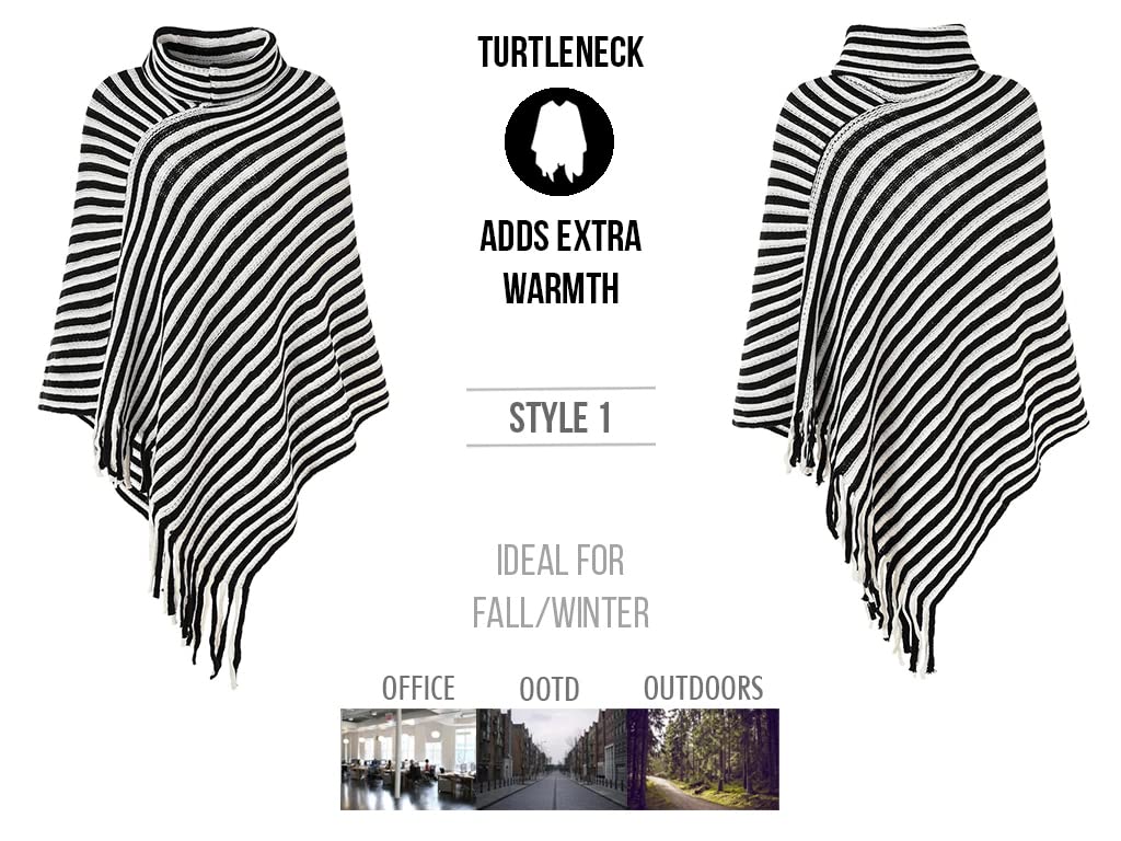 stylesilove Women Autumn Winter Knit Striped Turtleneck Fringe Poncho Pullover Shawl Warm Soft Wrap Lightweight Cape