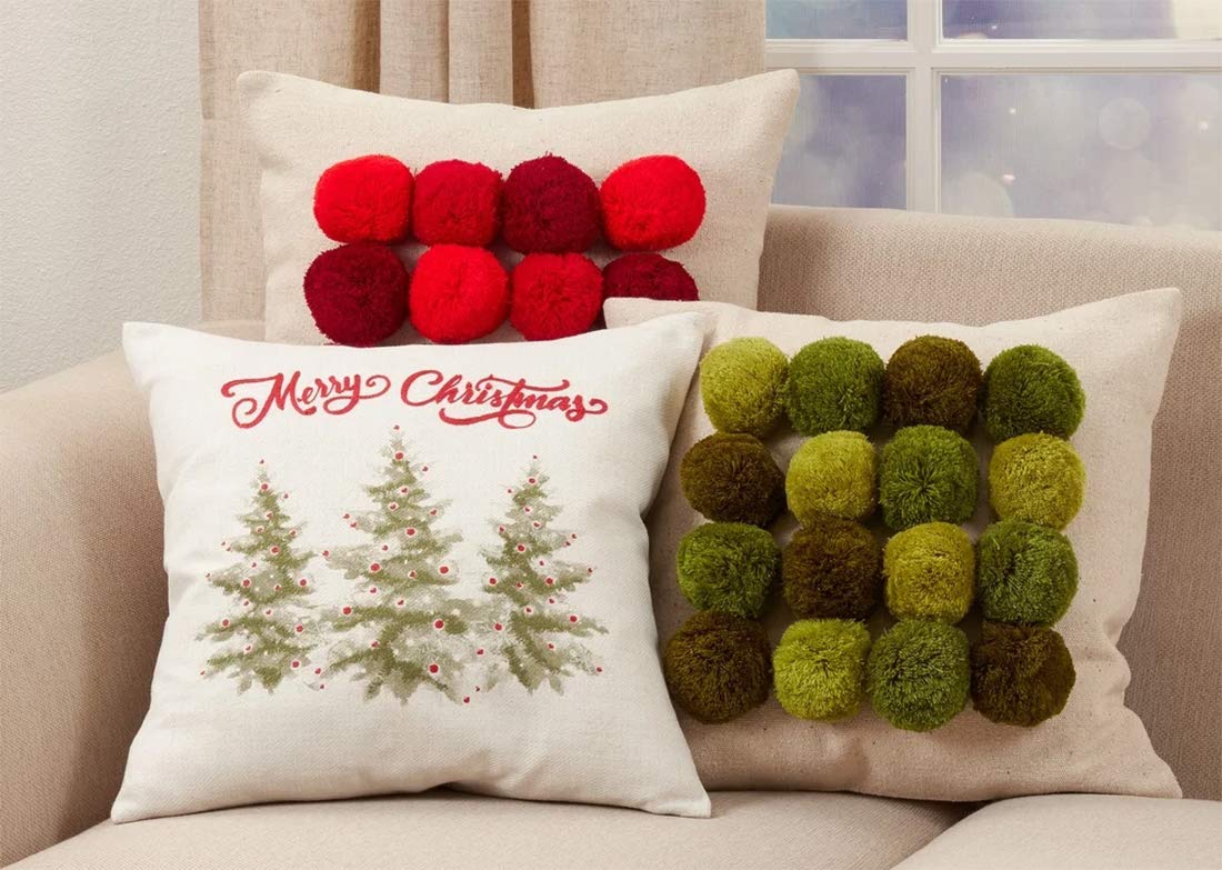 Fennco Styles Merry Christmas Holiday Trees Decorative Throw Pillow Cover 18" W x 18" L - Natural Festive Cushion Case for Home, Couch, Office, Living Room, Christmas and Holiday Décor
