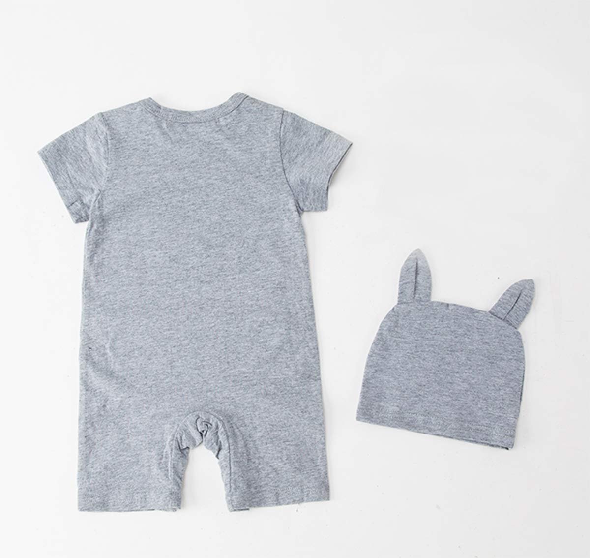 stylesilove Unisex Baby Boys Girls Grey Short Sleeve Cotton Romper with Hat 2pcs Cartoon Summer Outfit