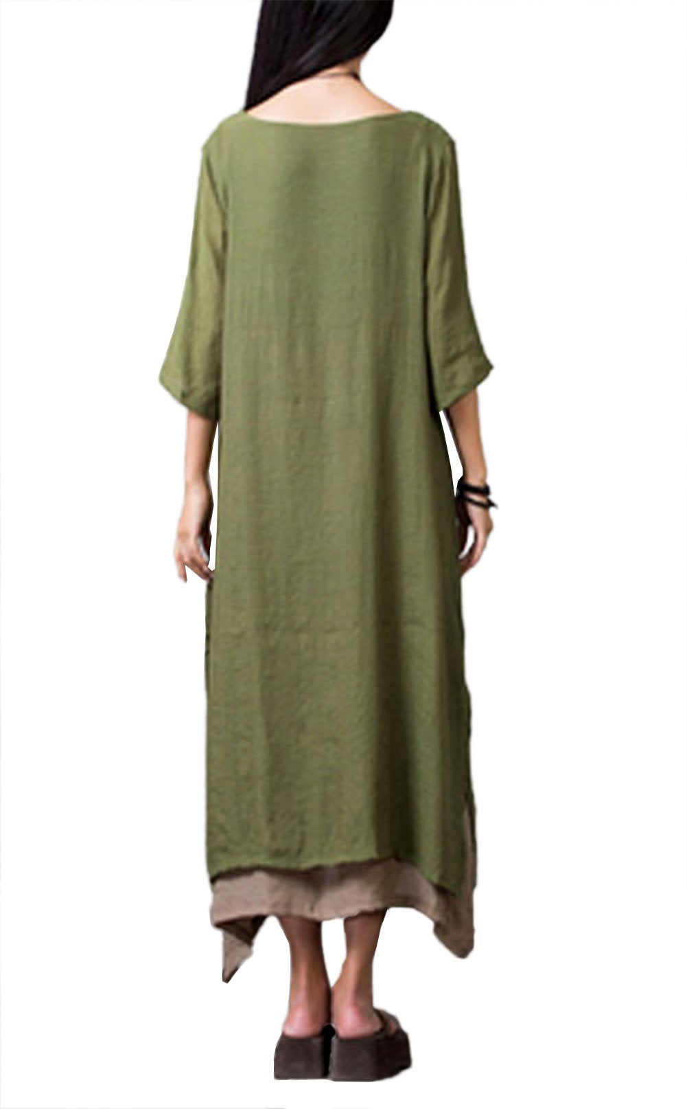 stylesilove Women Girls Short Sleeve Linen-Cotton Loose Long Maxi Dress