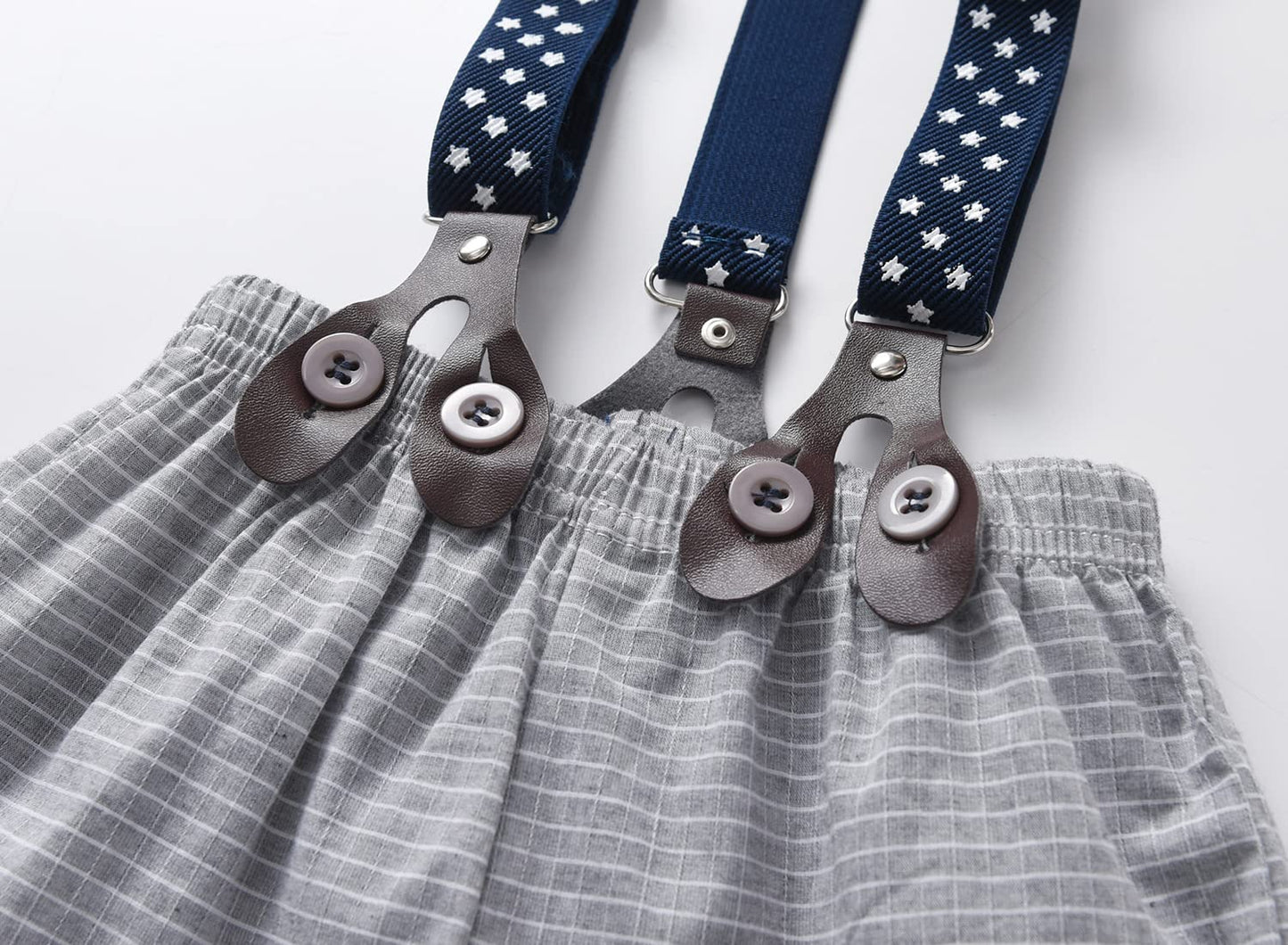 stylesilove Infant Baby Boys Blue Bowtie Romper and Plaid Shorts, Star Suspenders Gentleman Suit 3pcs Outfit