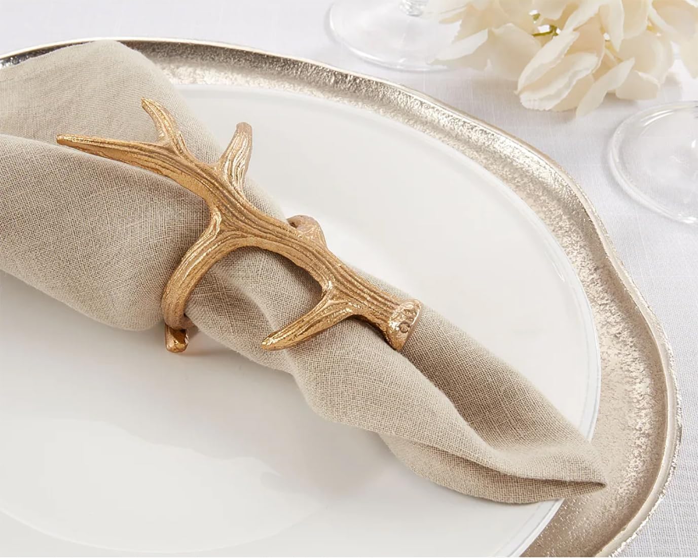 Fennco Styles Rustic Antler Design Aluminum Napkin Rings, Set of 4- Bronze Branch Napkin Holders for Home Decor, Banquets, Holiday and Special Occasions
