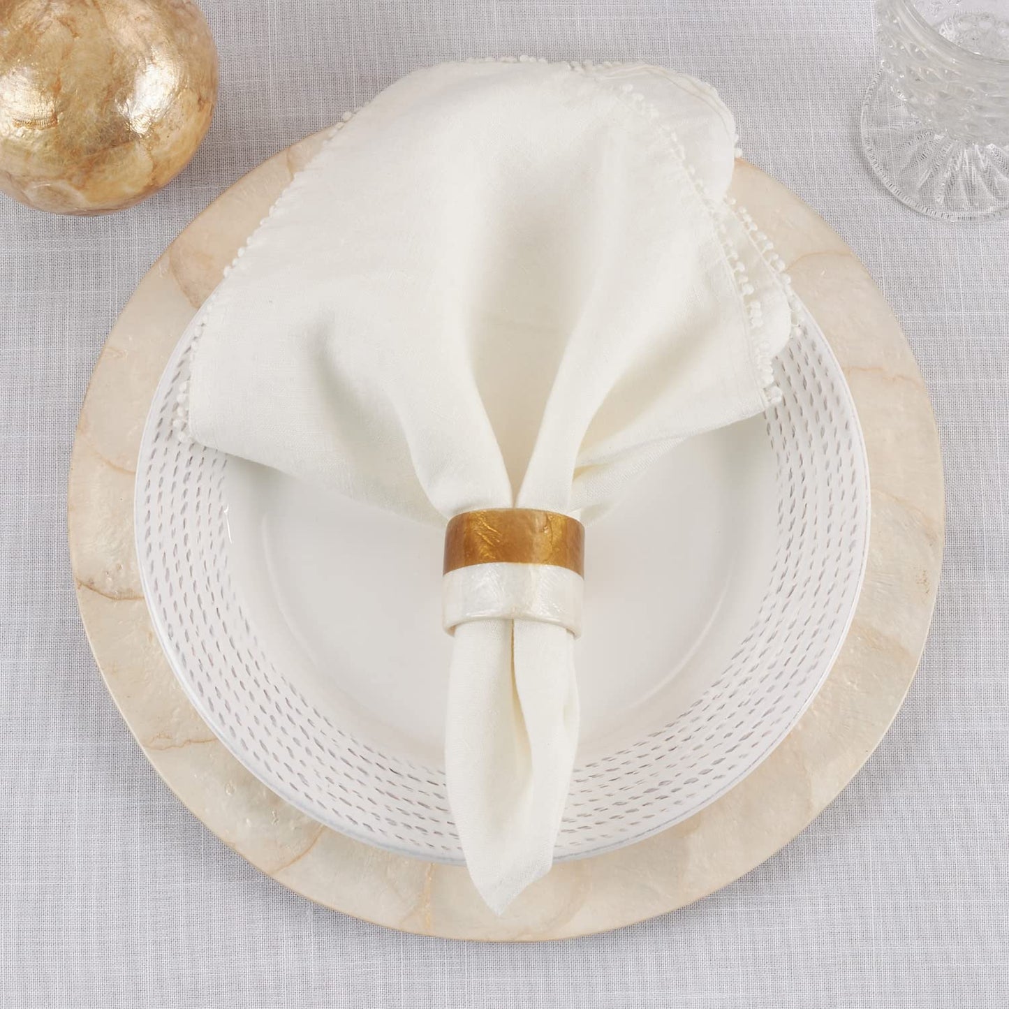 Fennco Styles Capiz Design Two-Tone Napkin Rings, Set of 4 - Gold & Ivory Napkin Holders for Home, Dining Table, Banquets, Holidays and Special Events
