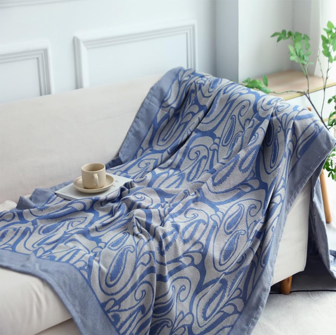 Fennco Styles Modern Paisley Knit Throw Blanket 50" W x 60" L – Blue Bohemian Lightweight Blanket for Indoor Outdoor, Couch, Bedroom, Living Room and Office Décor