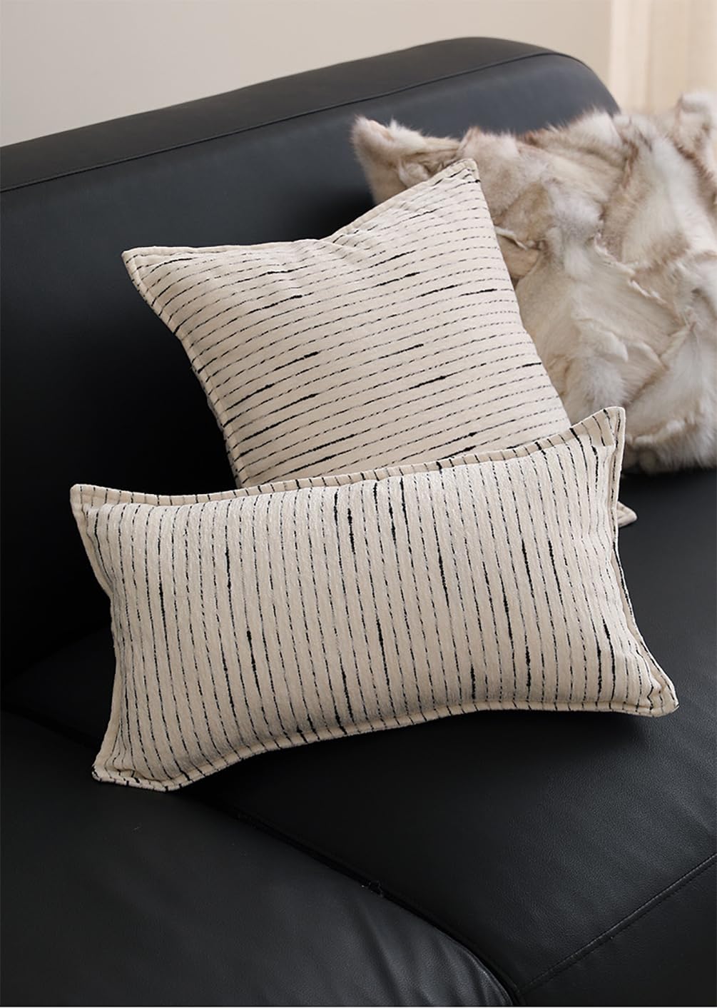 Fennco Styles Black Stripe Chenille Decorative Filled Throw Pillow - White Woven Soft Cushion for Home, Couch, Bedroom, Living Room and Office Décor