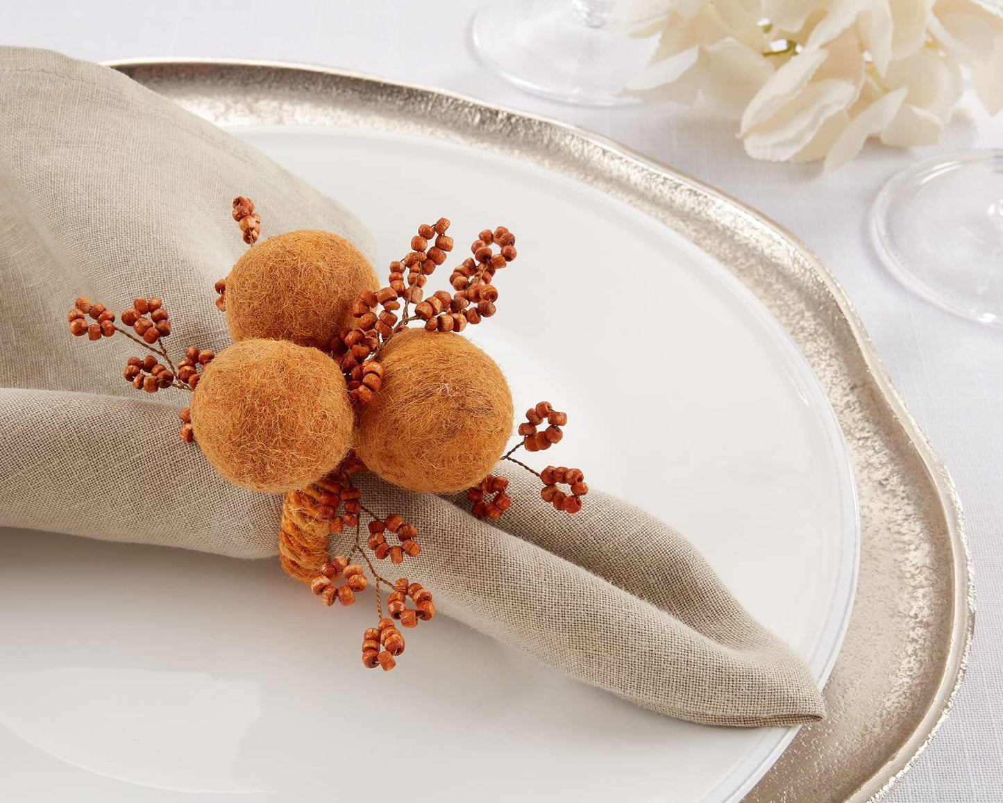 Fennco Styles Hand Beaded Cotton Pom Pom Napkin Rings, Set of 4 - Rust Decorative Festive Napkin Holders for Home, Dining Table, Banquet, Family Gathering, Holiday, Thanksgiving and Special Occasion