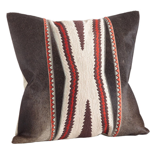 Fennco Styles Natural Cowhide Tribal Embroidered Cotton Blend Throw Pillow – Multicolor 18"x18" Decorative Pillow for Couch, Bedroom and Living Room Décor