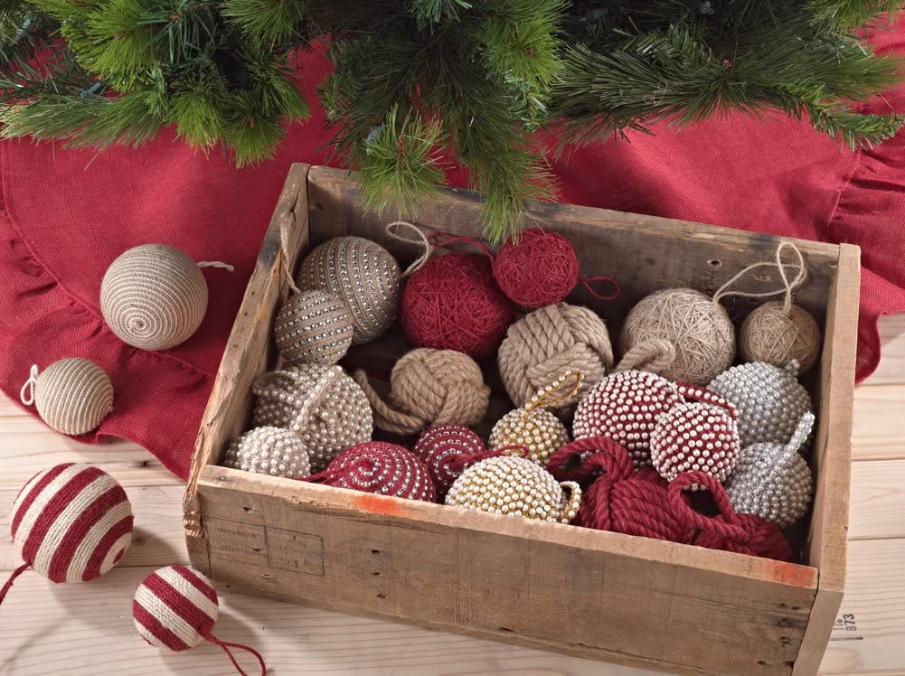 Fennco Styles Handmade Rhinestones & Jute Design Holiday Christmas Tree Ball Ornaments 3" Round, 2-Piece Set