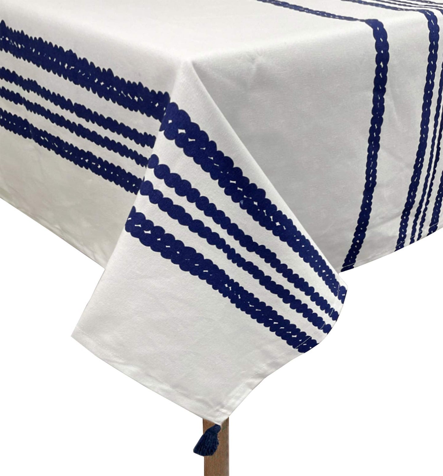 Fennco Styles Classic Chain Print 100% Cotton Tablecloth with Tassel 55" W x 55" L - Navy Blue Table Cover for Home Décor, Dining Table, Banquet, Family Gathering and Special Occasion