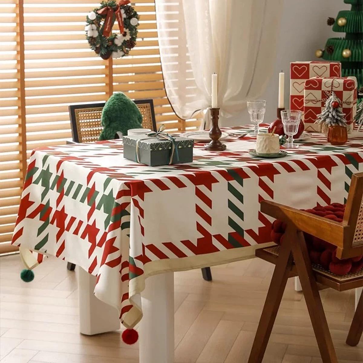 Fennco Styles Red and Green Holiday Plaid Pom Pom Christmas Tablecloth - Cotton Blend Festive Table Cover for Winter Holidays, Banquets, Family Gatherings and Special Occasions