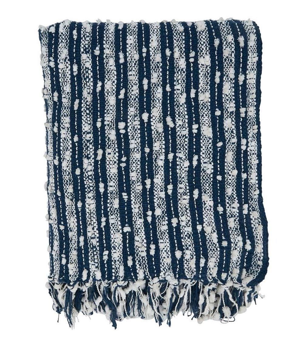 Fennco Styles Striped Cotton Throw Blanket with Tassel 50" W x 60" L – Navy Blue Blanket for Couch, Bedroom and Living Room Décor