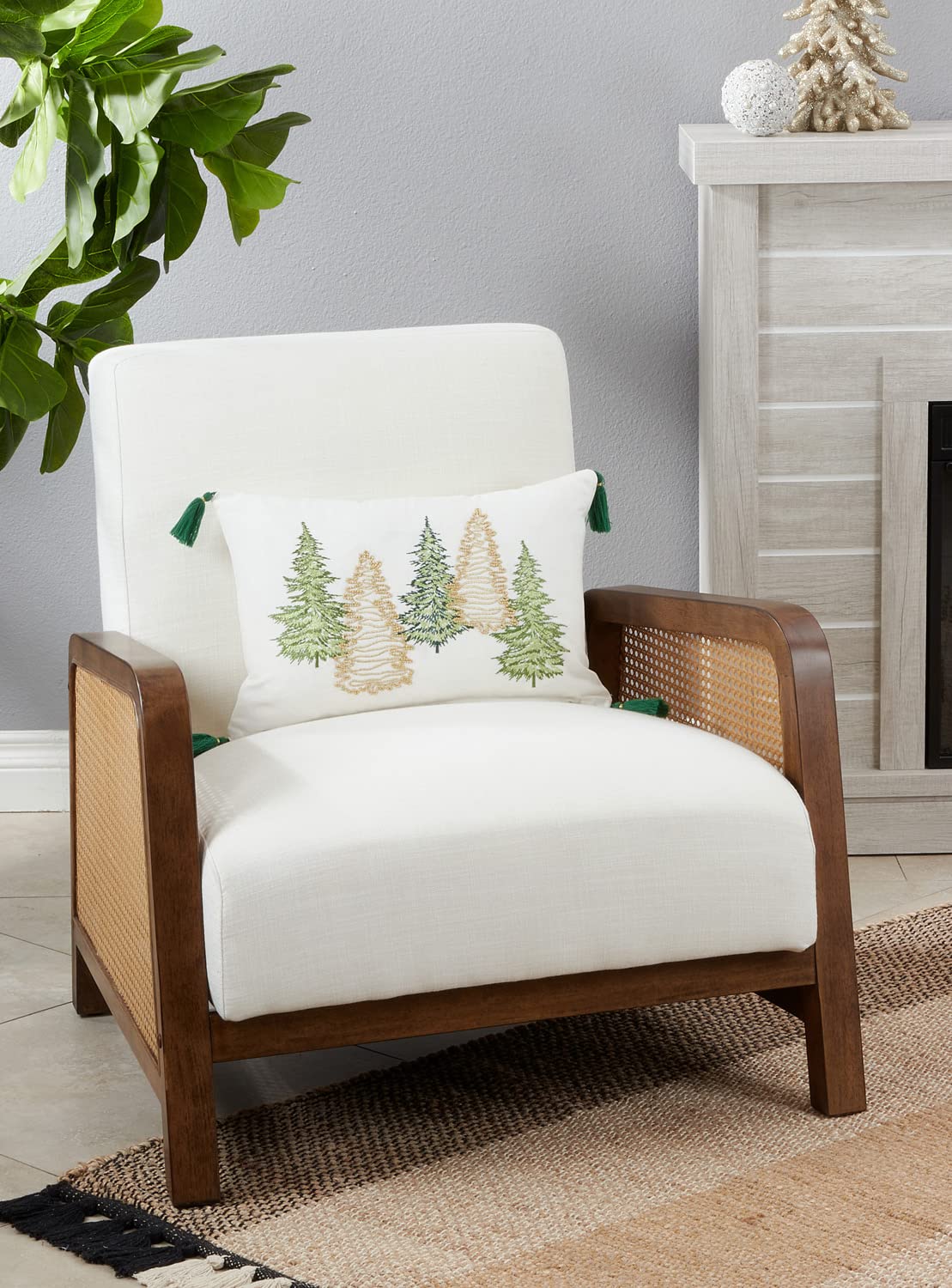 Fennco Styles Embroidered Christmas Trees Cotton Throw Pillow 12" W x 18" L - Green Woven Cushion for Winter Holiday Décor, Couch, Living Room, Bedroom Décor and Special Occasion
