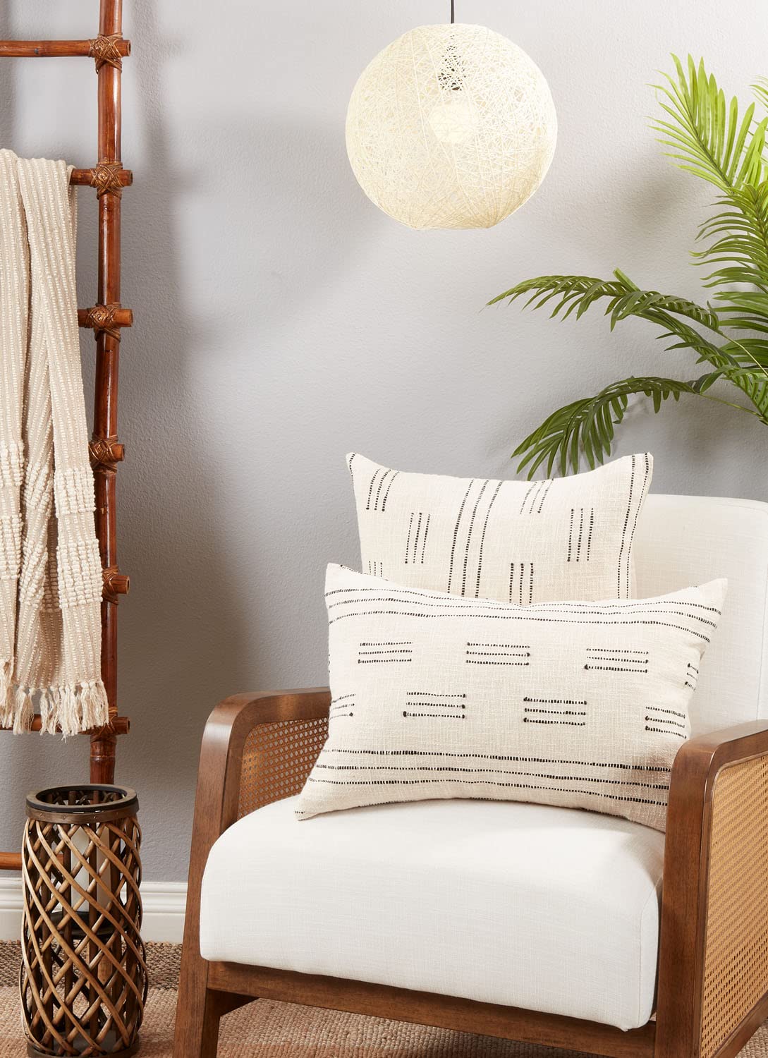 Fennco Styles Dash Line Cotton Decorative Filled Throw Pillow 16" W x 24" L - Ivory Woven Cushion for Home, Couch, Living Room, Bedroom, Office and Holiday Décor
