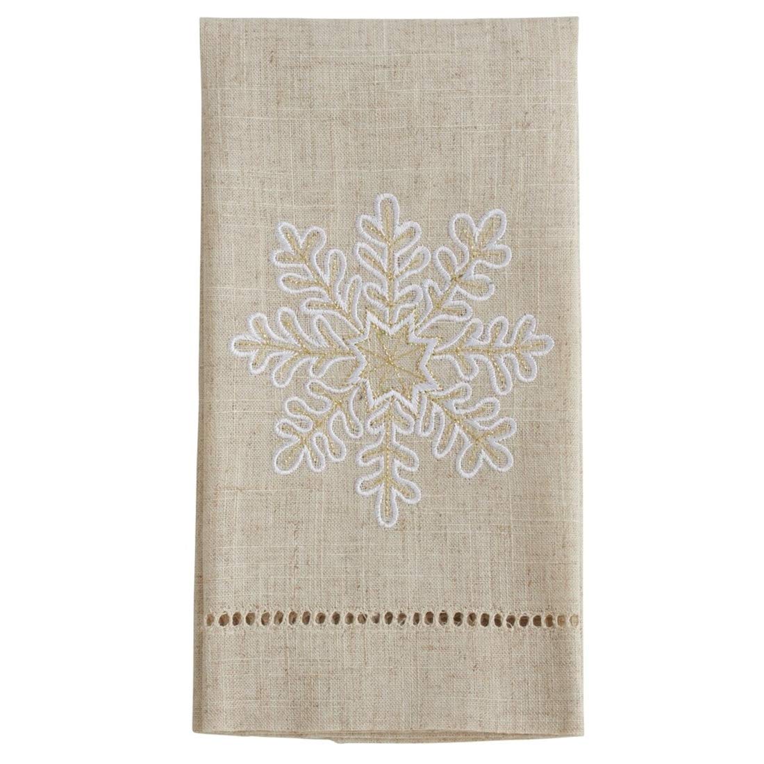 Fennco Styles Embroidered and Hemstitched Design Snowflake Linen-Poly Guest Towels 14 x 22 Inch, Set of 4 – Natural Modern Hand Towels for Bathroom Decor, Bar Accessories, Wedding Gift