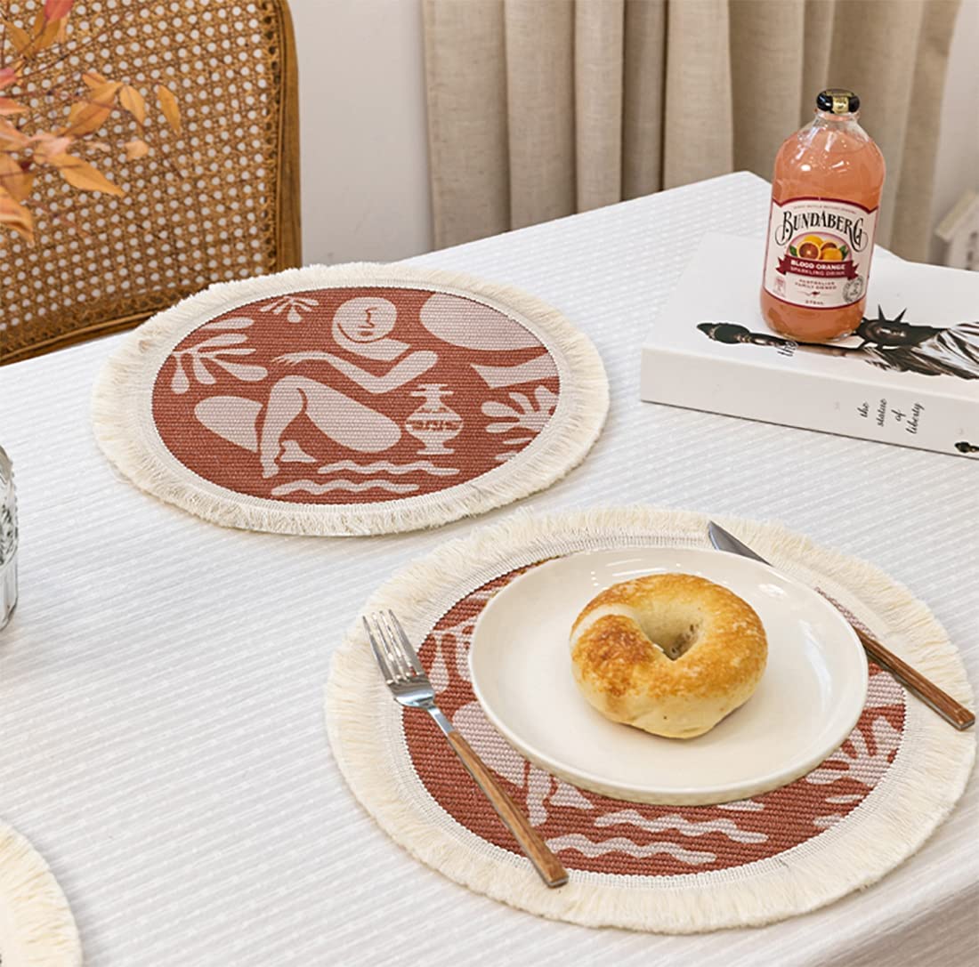 Fennco Styles Art Design Abstract Print Fringe Cotton Placemat 13" Round, Set of 4 - Woven Table Mats for Home Décor, Dining Table, Banquets and Special Events