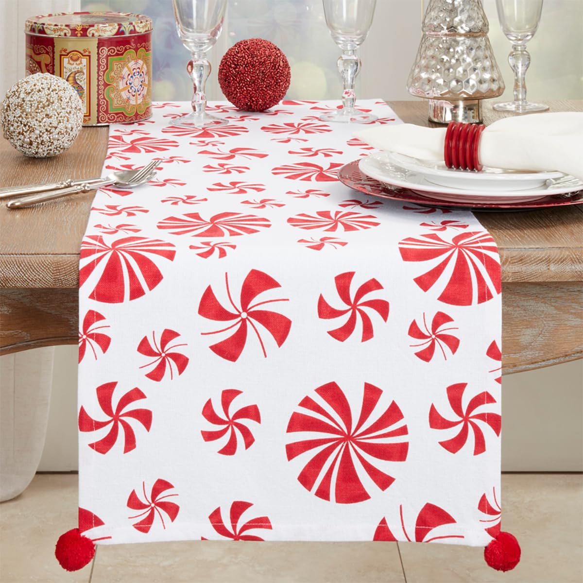 Fennco Styles Peppermints Holiday Cotton Table Runner 16" W x 72" L - Red & White Festive Table Cover for Christmas, Family Gathering, Banquets and Special Events