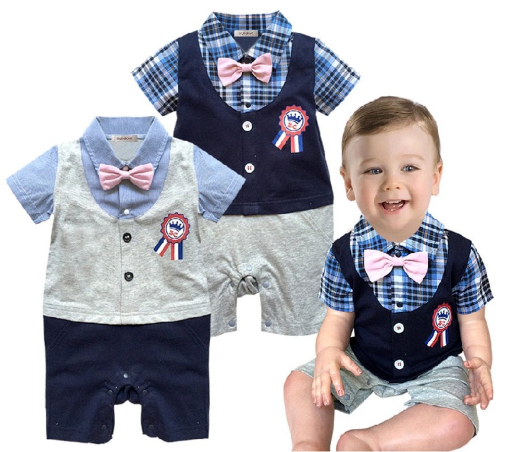 Styles I Love Infant Toddler Baby Boy Plaid Award Badge Tuxedo Baby Cotton Romper (Navy, 95/18-24 Months)