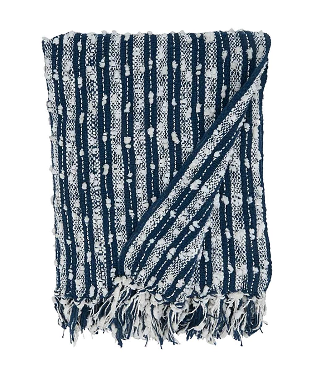 Fennco Styles Striped Cotton Throw Blanket with Tassel 50" W x 60" L – Navy Blue Blanket for Couch, Bedroom and Living Room Décor