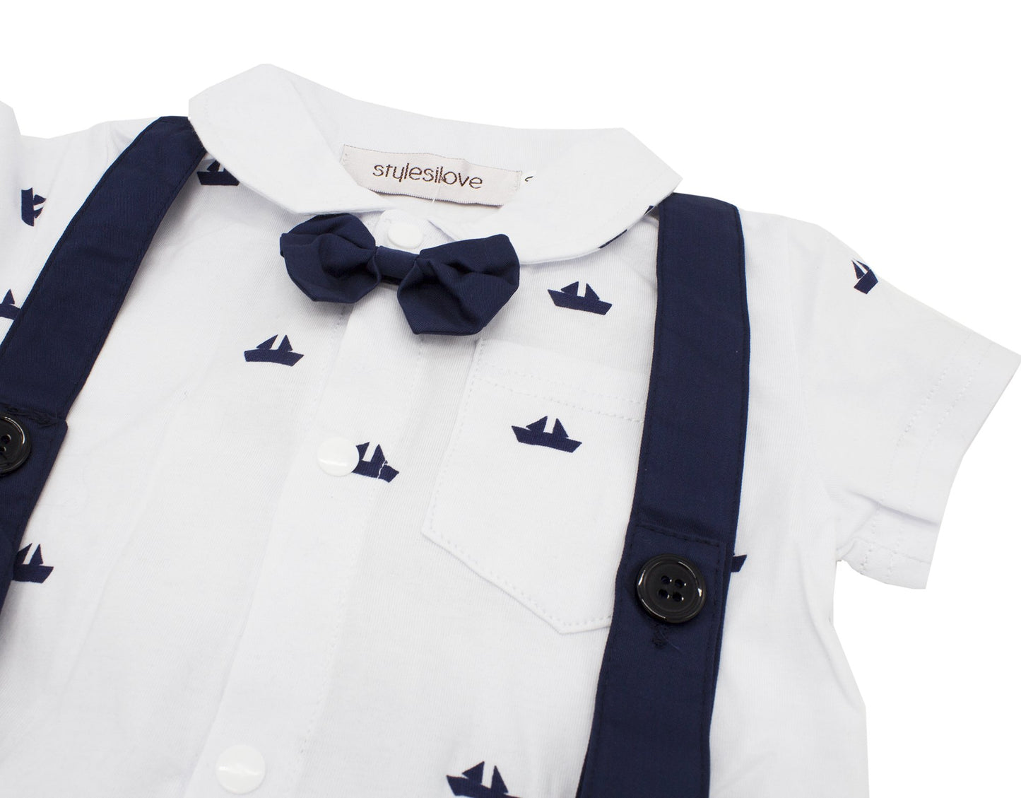 stylesilove Sailor Boat Print Faux Suspender Formal Wear Baby Boys Short Sleeve Romper Outfit