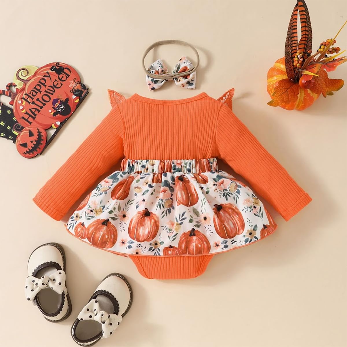 stylesilove Infant Baby Girl Orange Fall Pumpkin Long Sleeve Lace Romper Dress & Bow Headband 2pcs Autumn Harvest Outfit