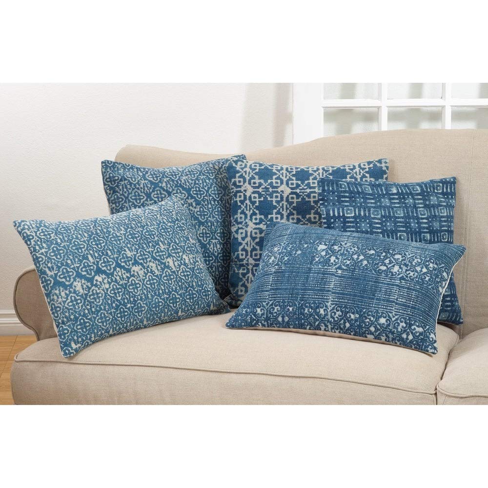 Fennco Styles Distressed Bohemian 16" W x 24" Oblong Cotton Down Filled Decorative Throw Pillow – Indigo Blue High-End Cushion for Couch, Sofa, Bedroom, Office and Living Room Décor