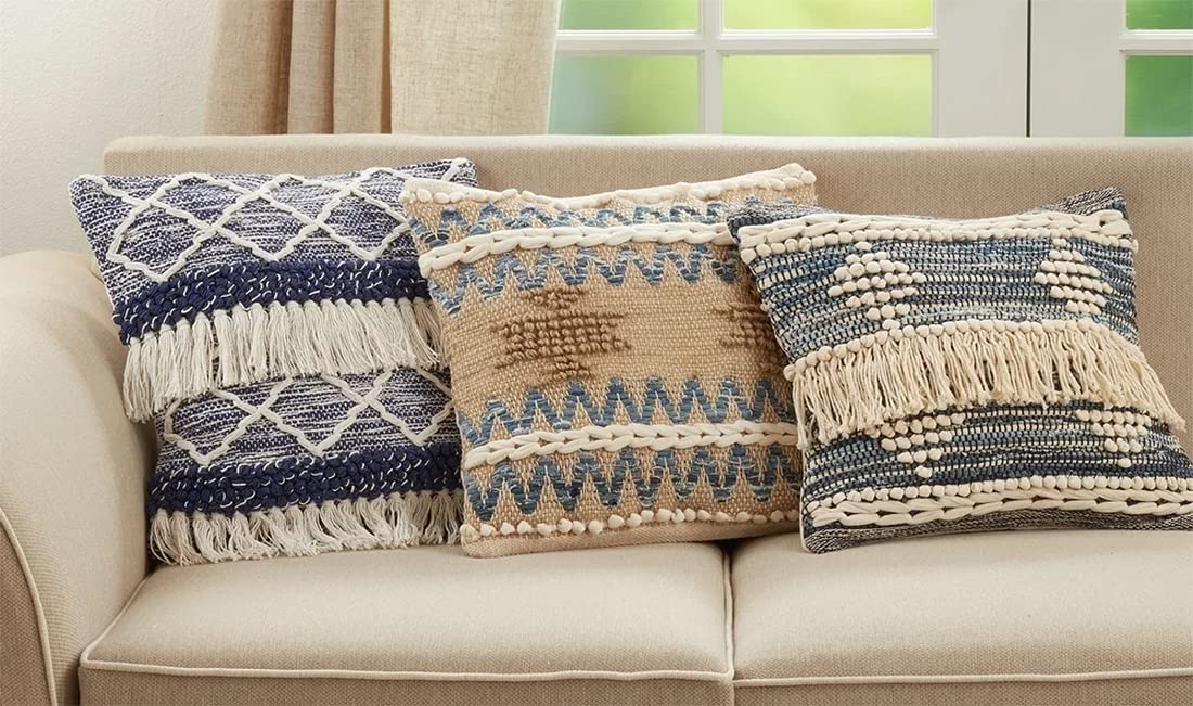 Fennco Styles Diamond Fringe Chindi Cotton Decorative Throw Pillow 18" W x 18" L - Blue Square Cushion for Home, Couch, Living Room, Bedroom, Office and Holiday Décor