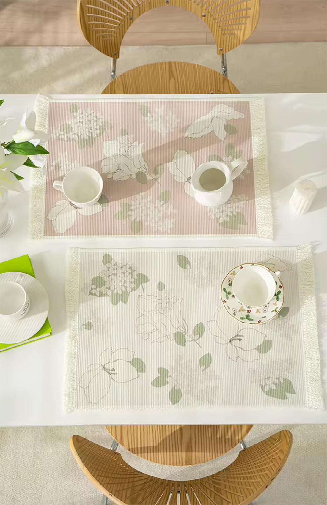 Fennco Styles Wildflowers Printed with Fringe Placemats 14" W x 19" L, Set of 4 - Pink Floral Table Mats for Dining Room, Banquets, Family Gatherings, and Holidays