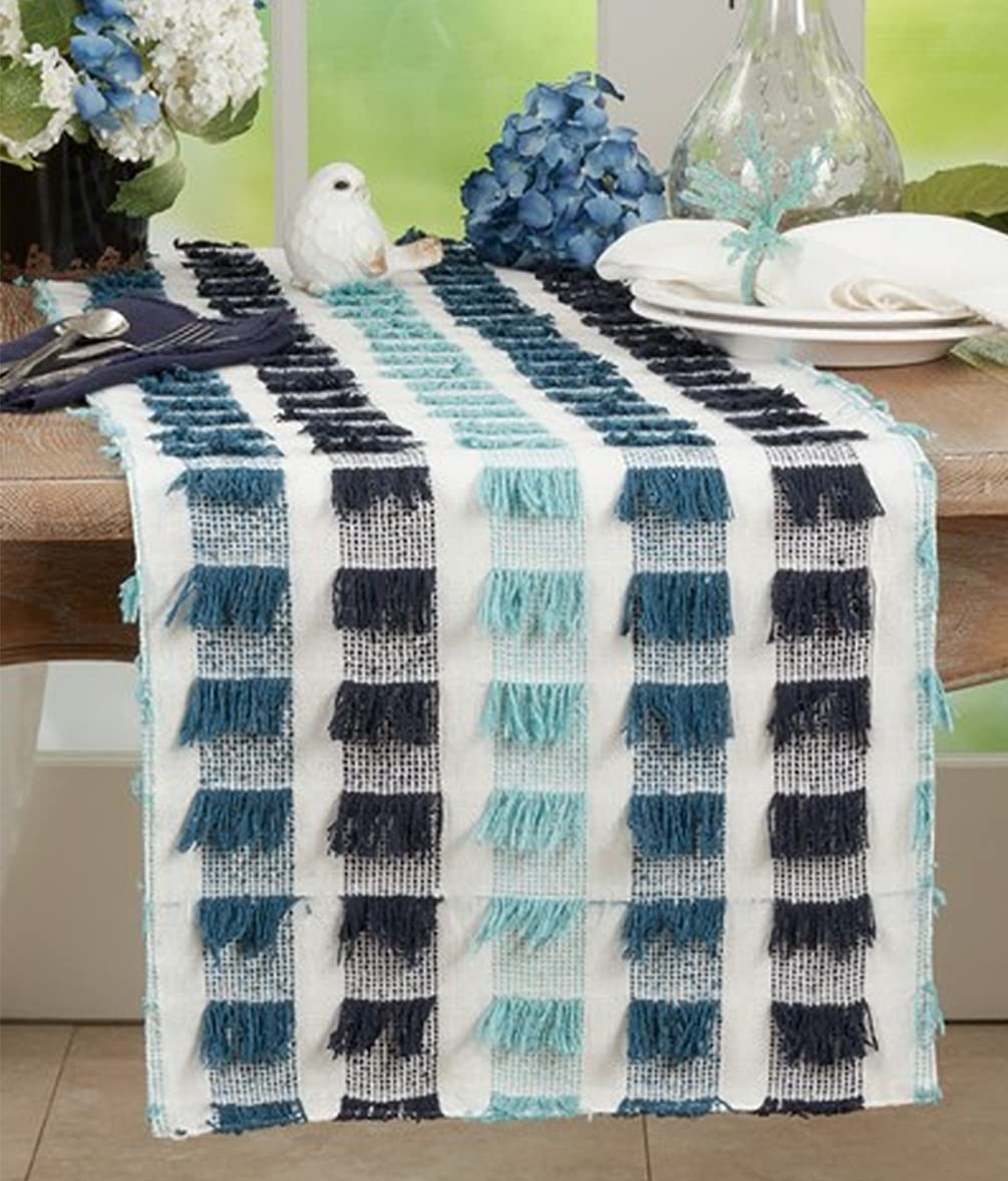 Fennco Styles Boho Striped Fringe Cotton Table Runner 16" W x 72" L – Blue Table Cover for Home, Dining Room, Banquets, Family Gathering and Special Occasion
