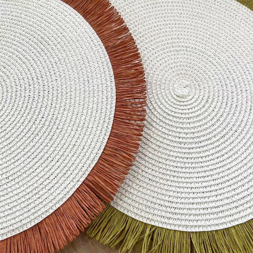 Fennco Styles Handwoven Fringe Boho Placemats 15" Round - Natural Braided Texture Table Mats for Home, Dining Room, Banquets, Family Gathering and Special Occasion