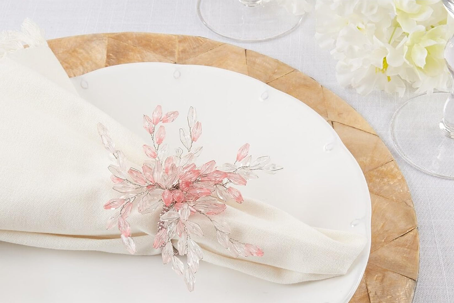 Fennco Styles Hand Beaded Flower Design Decorative Napkin Rings, Set of 4 - Glass Beads Napkin Holders for Home, Dining Table, Banquets, Christmas Décor and Special Occasion