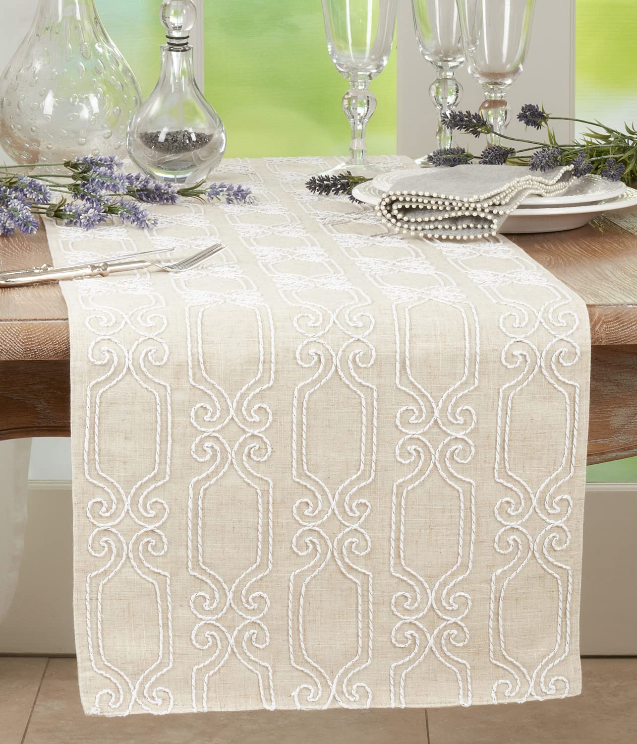 Fennco Styles Elegant Embroidered Scroll Linen Blend Table Runner 16" W x 70" L - White Woven Rectangle Table Cover for Home Décor, Dining Room, Banquets, Wedding and Special Occasion