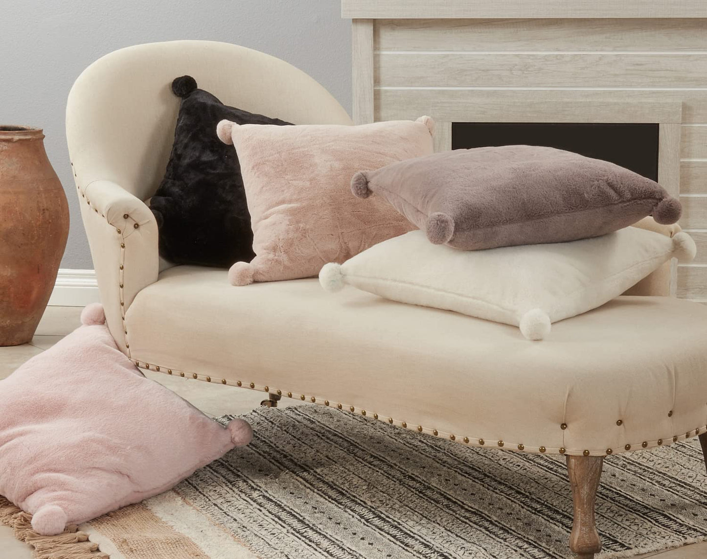 Fennco Styles Plush Faux Rabbit Fur Pom Pom Decorative Filled Throw Pillow 18" W x 18" L – Grey Cushion for Couch, Bedroom, Living Room and Office Décor