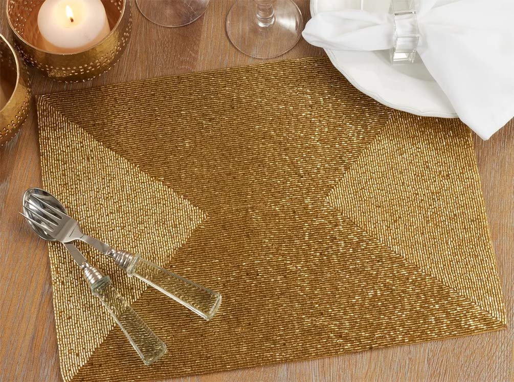 Fennco Style Hand Beaded Metallic Table Placemat 13" W x 18" L, 1-Piece - Silver Glass Beads Table Mat for Banquets, Christmas, Special Events and Home Décor