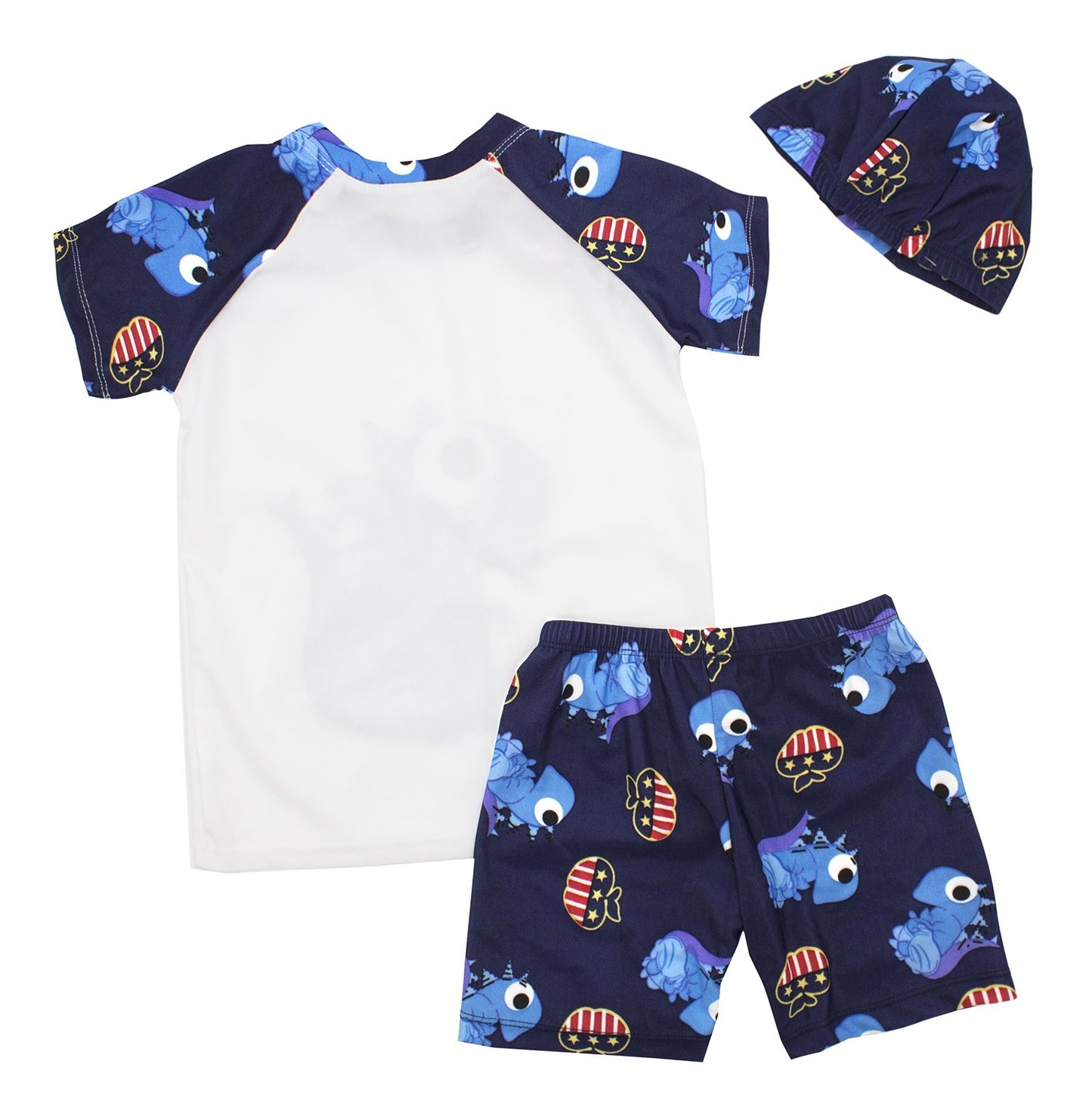 stylesilove Kids Boy Cartoon Dinosaur Shark Rashguard Top & Swim Shorts with Hat 3 pcs Set