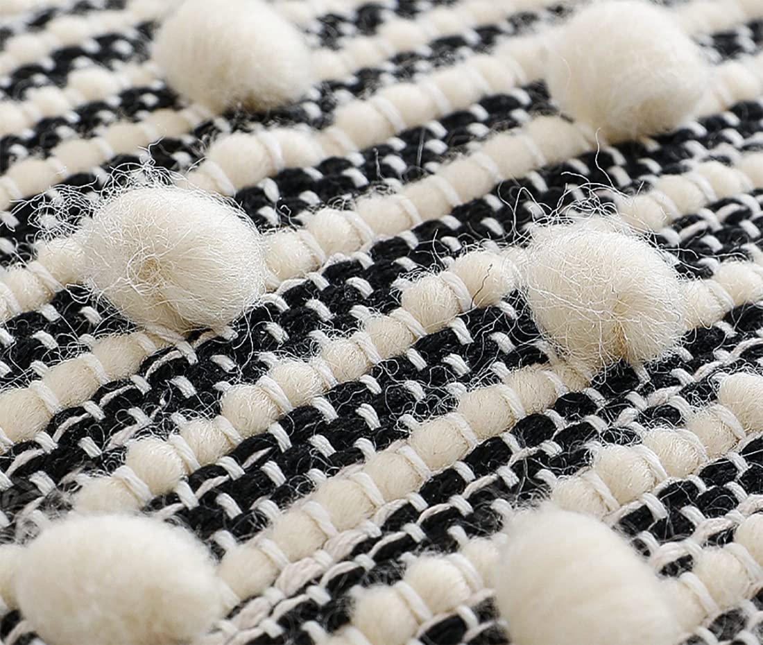 Fennco Styles Handwoven Striped Pom Pom Cotton Wool Decorative Throw Pillow 18" W x 18" L - Black & White Textured Cushion for Home, Couch, Bedroom, Living Room and Office Décor
