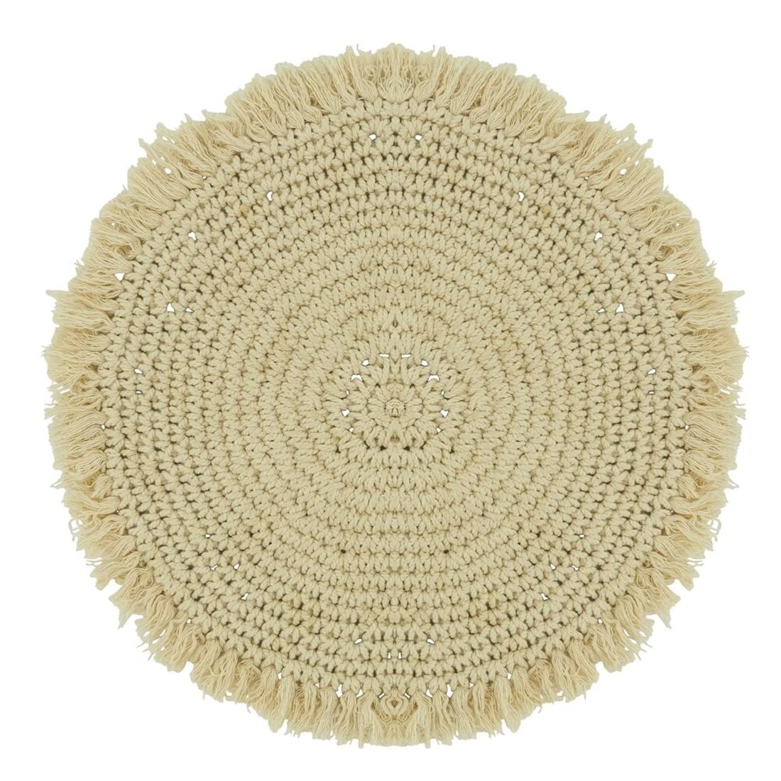 Fennco Styles Boho Macrame Cotton Placemats 15" Round, Set of 2 - Natural Braided Fringe Table Mats for Home, Dining Room, Banquets, Family Gathering and Special Events
