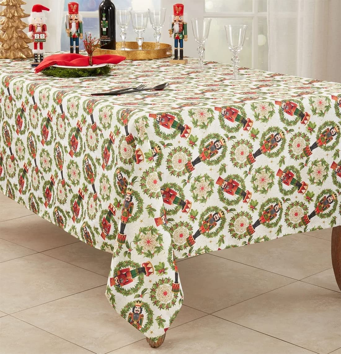 Fennco Styles Nutcracker Holiday Tablecloth 65" W X 84" L - Red & Green Solider Print Festive Table Cover for Christmas Décor, Dining Room, Banquet, Family Gathering and Special Events