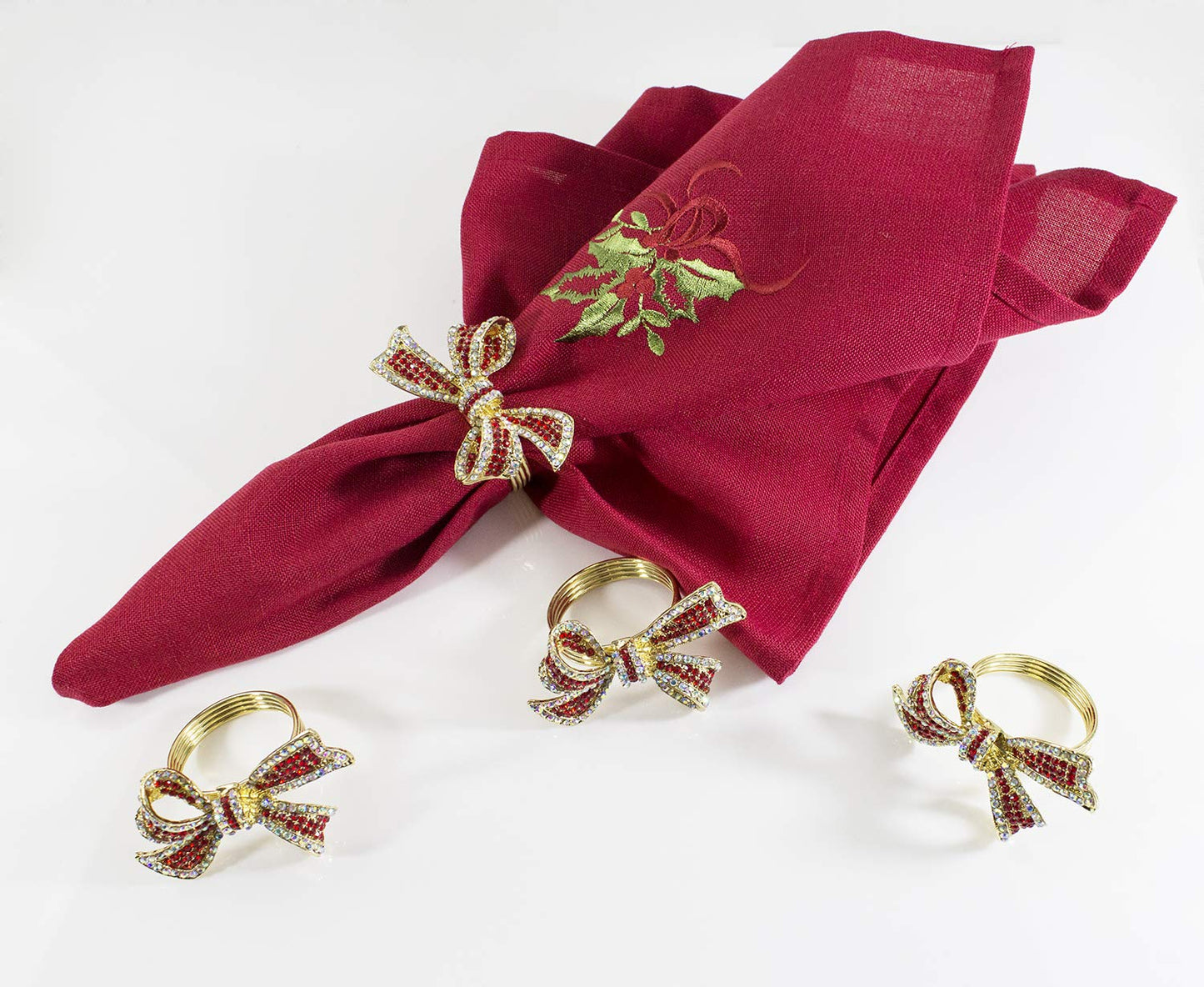 Fennco Styles Stunning Crystal Bowknot Gold-Plated Napkin Rings Wedding Holiday Table Decoration - Set of 4