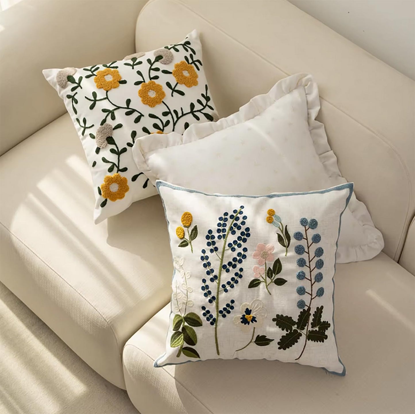 Fennco Styles Embroidered Spring Floral Decorative Throw Pillow Cover 18" W x 18" L - Flower Woven Cushion Case for Home, Couch, Living Room, Bedroom, Office and Holiday Décor